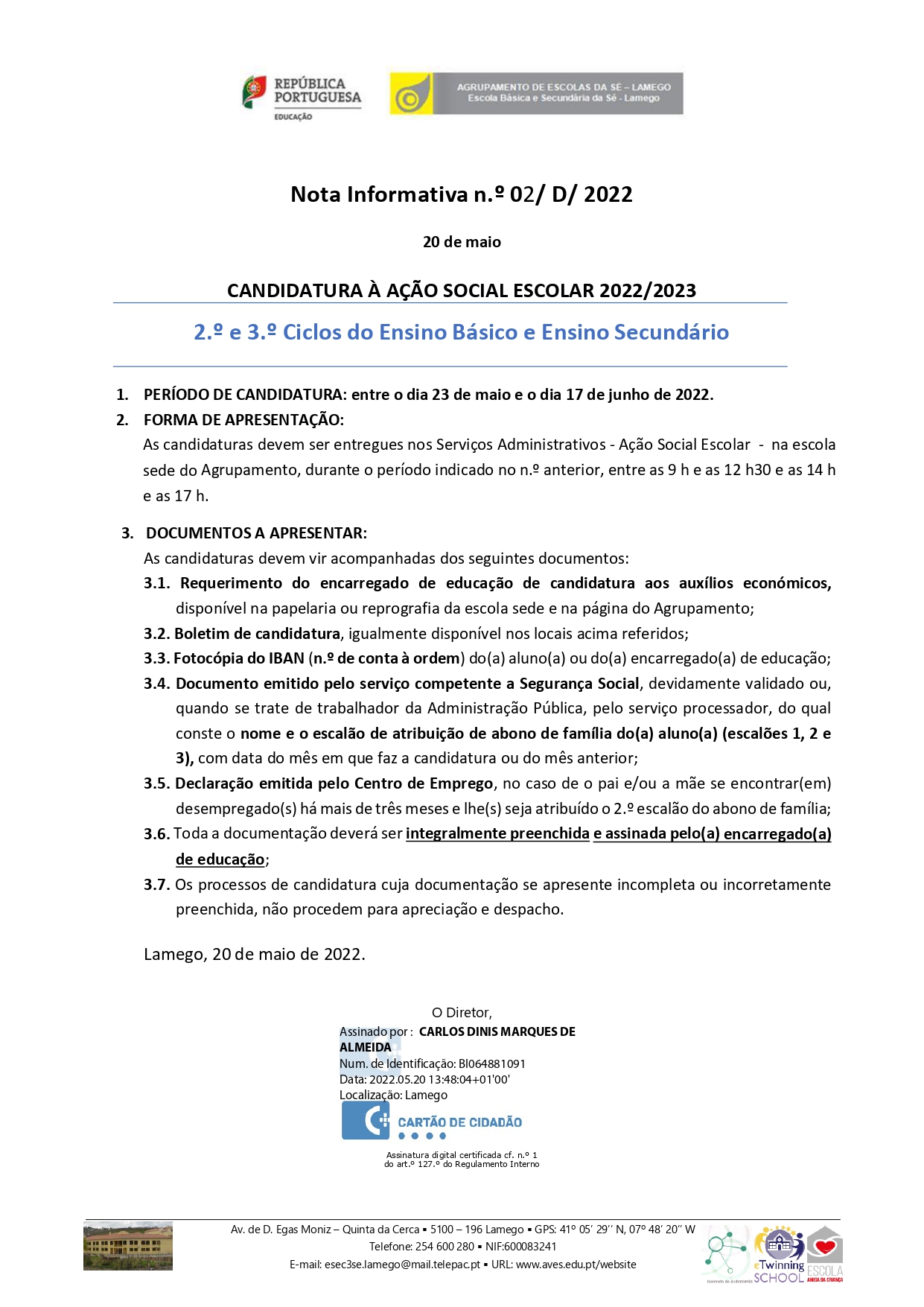 Nota Informativa n.º 02 D 2022 de 20 de maio - Candidaturas à ASE para 2022-2023 signed