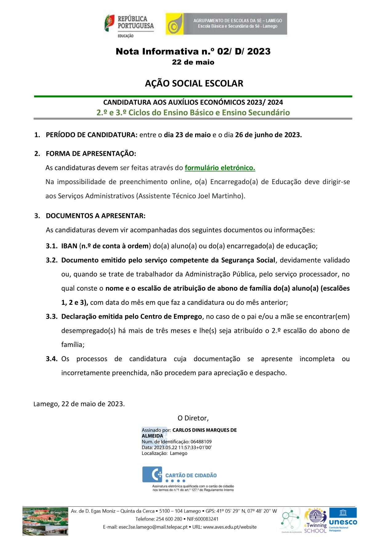 Nota Informativa n.º 2 2023 de 22 de maio - Candidatura aos Auxílios Económicos ASE 2023-2024
