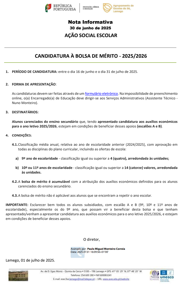 Acao Social Escola Candidatura Bolsa Merito 2025 2026