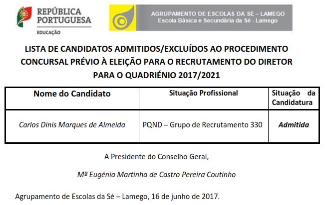 LISTA DE CANDIDATOS ADMITIDOS E EXCLUÍDOS AO PROCEDIMENTO CONCURSAL PRÉVIO À ELEIÇÃO PARA O RECRUTAMENTO DO DIRETOR
