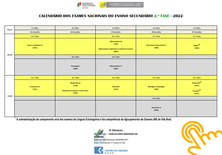 Calendario Exames 2 Fase 2021 2022